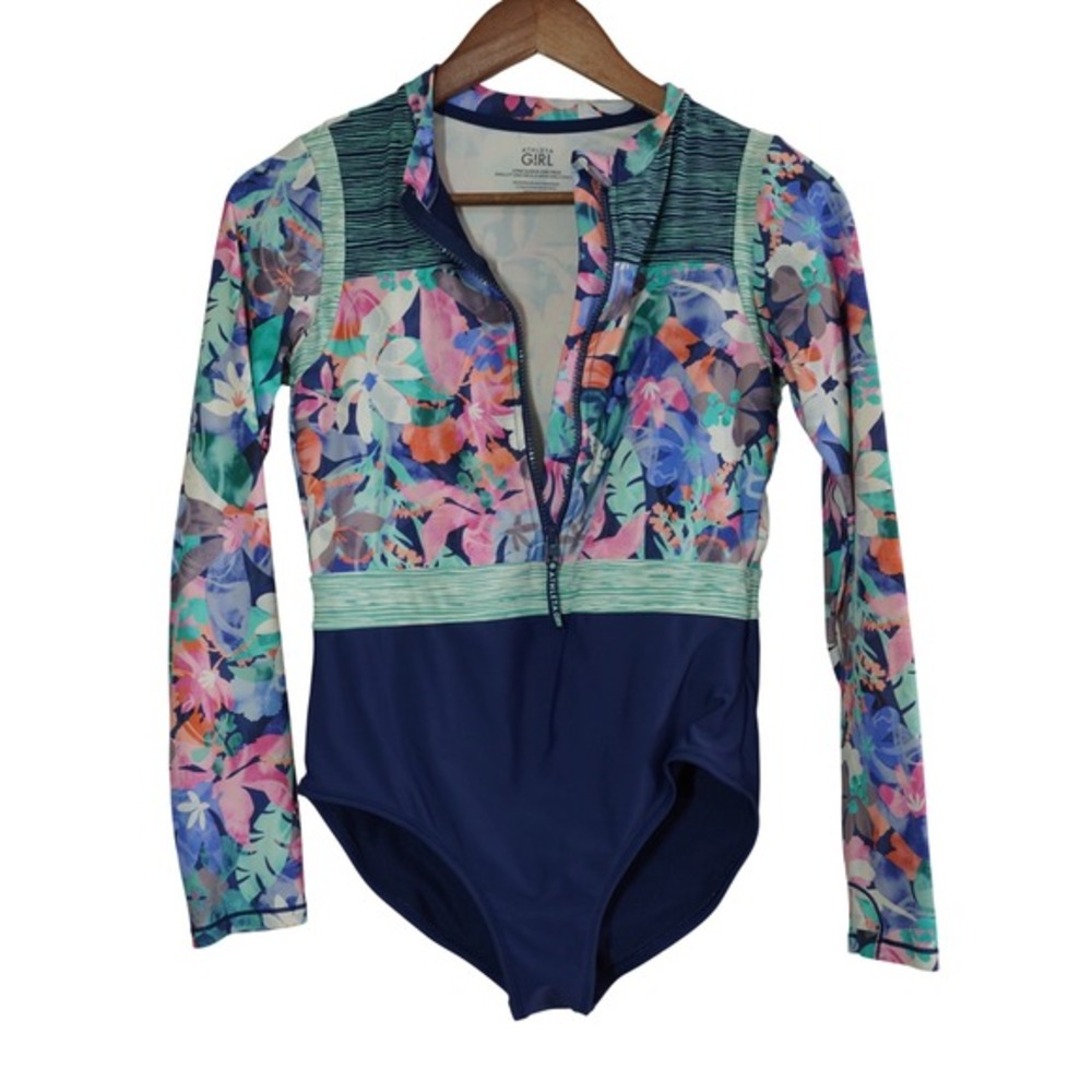 Athleta Girl XXL 16 Long Sleeve One Piece Swimsuit Floral Rash Guard Navy Blue